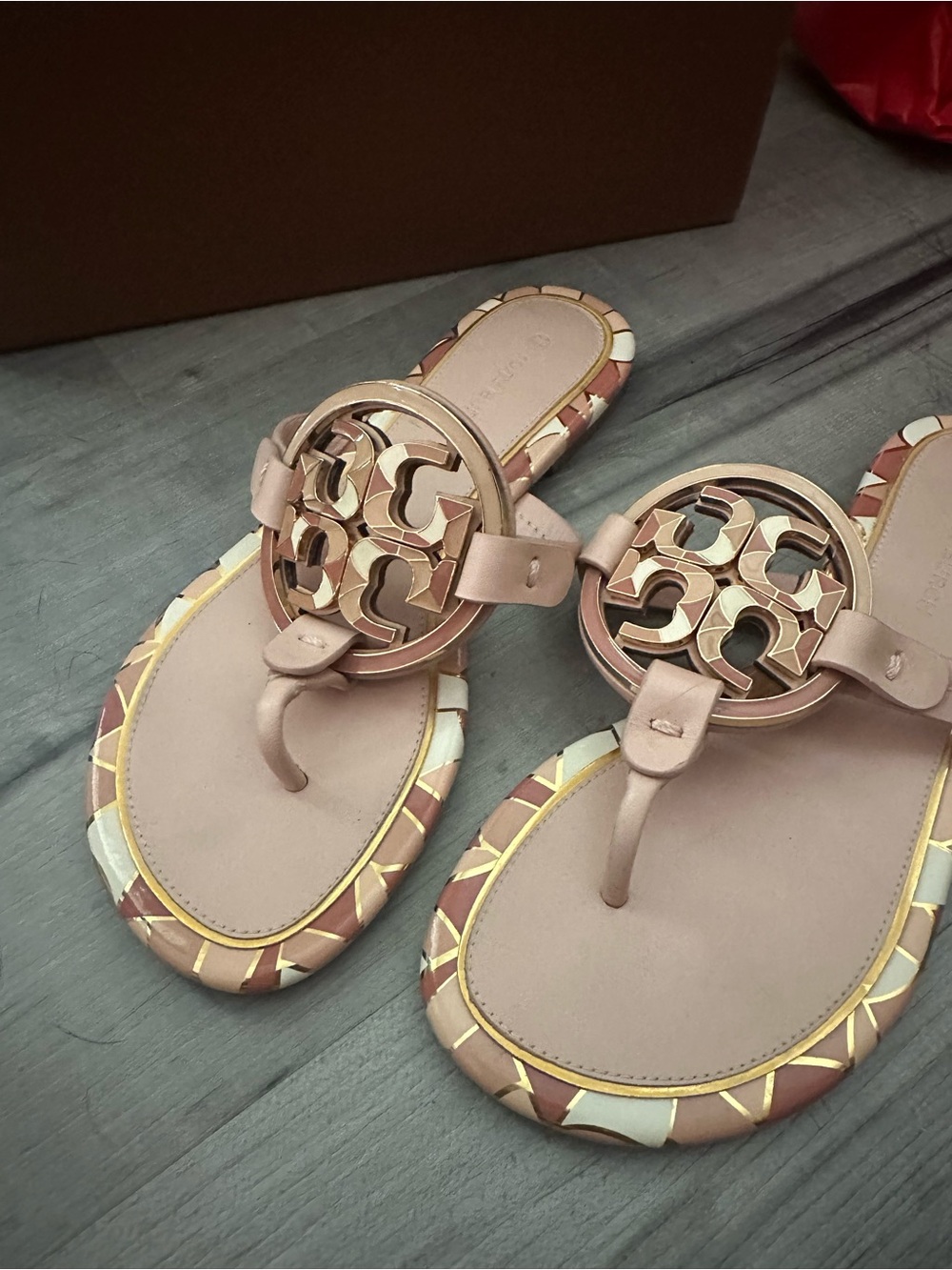 Tory Burch Blush Pink Logo Thong Sandals with Metallic Medallion